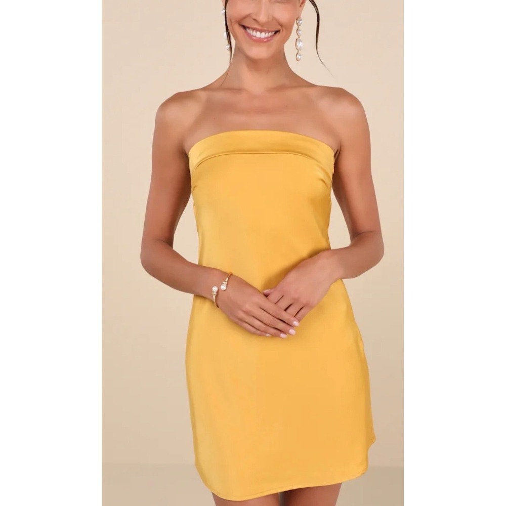 Lulus Dress Womens Small Yellow Satin Strapless Mini Glam Cocktail Party